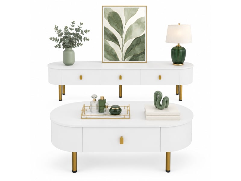  Ensemble meuble tv et table basse 174x35x41 cm et 108x50x40 cm, tiroirs, angles arrondis, mdf blanc et doré  - Conforama A