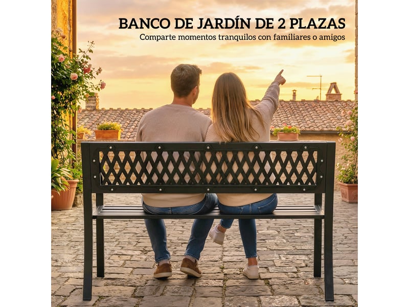 Banc de jardin 2 places avec assise à lattes, accoudoirs et structure en acier, 119 x 50 x 75 cm, noir - Conforama E