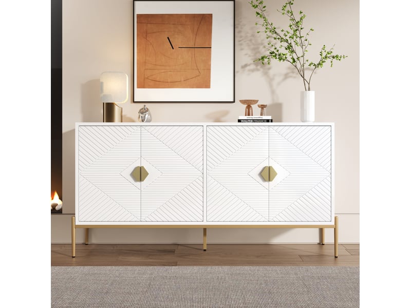  Buffet moderne 162x40x80 cm, portes à motif géométrique, poignées dorées, pieds métal, mdf et panneau de particules  - Conforama B