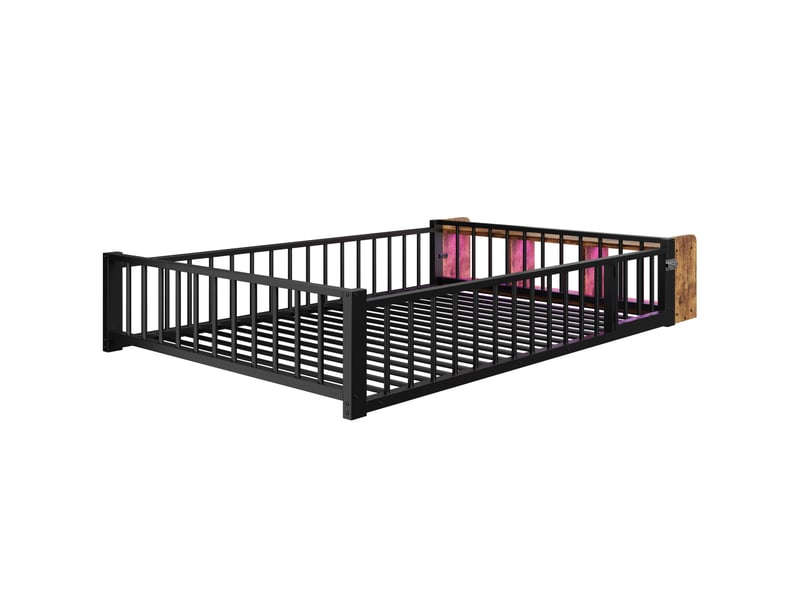  Lit plat en métal, 140 x 200 cm, sans matelas, avec barrière de sécurité, casiers et éclairage led, noir.  - Conforama D