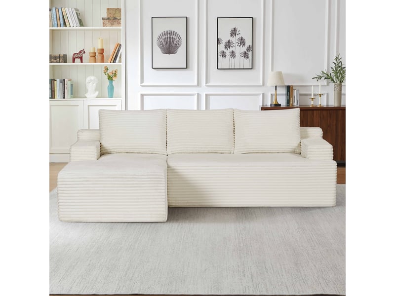  Canapé d’angle 4 places beige clair en velours côtelé, style nuage avec méridienne droite, modulable et convertible  - Conforama D