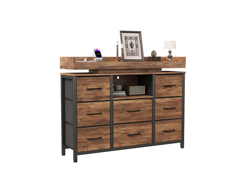  Commode 8 tiroirs rétro 108x30x82 cm, buffet, motif bois, led, port usb, en acier, bois et tissu, couleur bois foncé  - Conforama A