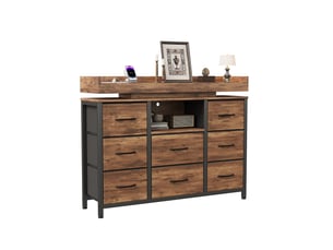 Commode 8 tiroirs rétro 108x30x82 cm, buffet, motif bois, led, port usb, en acier, bois et tissu, couleur bois foncé