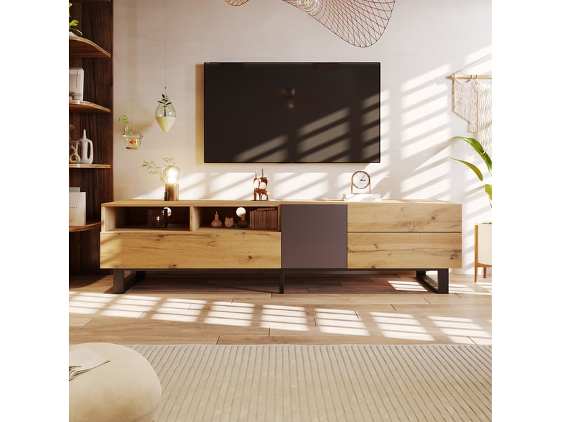  Meuble tv 180 x 38 x 50 cm en mdf, chêne et anthracite, 2 tiroirs, pieds métal  - Conforama E