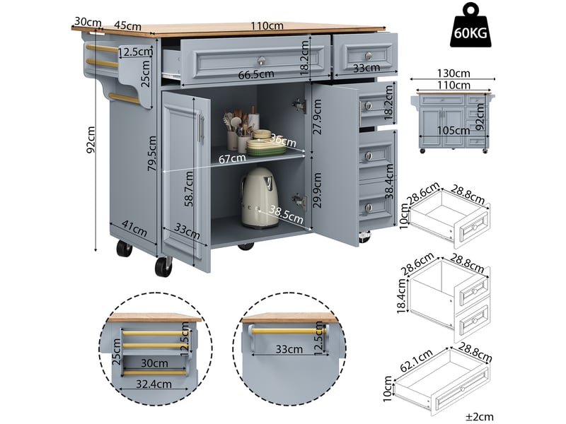  Îlot de cuisine desserte pliable 110 x 4575 x 92 cm en mdf et métal bleu clair  - Conforama C
