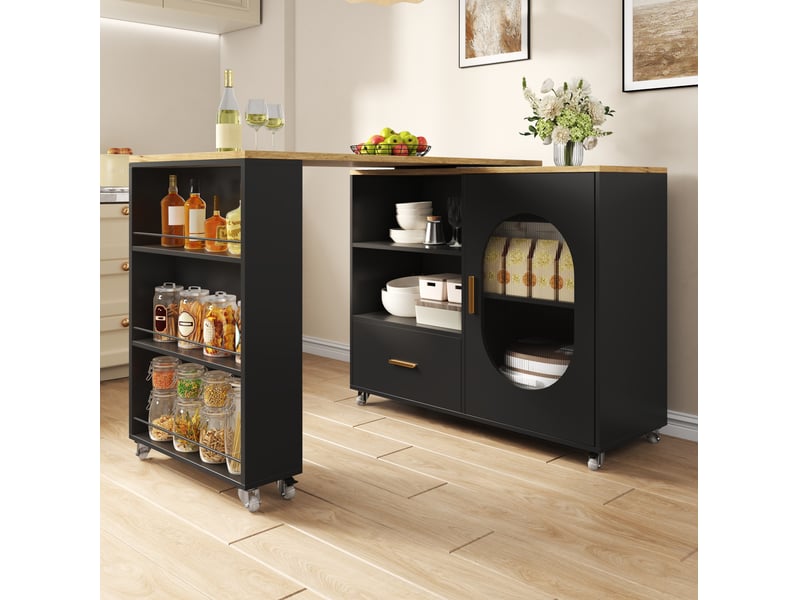  Îlot de cuisine mobile avec plateau pivotant 360° 120-180x60x90 cm noir naturel  - Conforama B