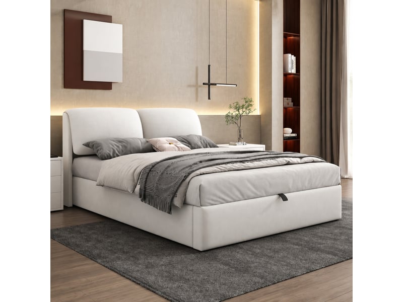  Lit coffre 140 x 200 cm en velours beige avec 3 tiroirs et tête de lit réglable  - Conforama C