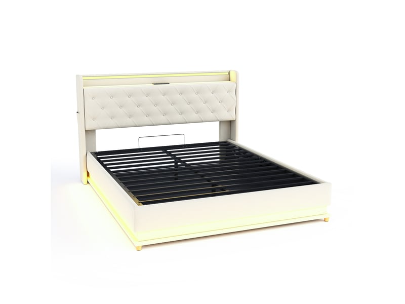  Lit capitonné led 160*200 cm beige, port usb et coffre hydraulique, tissu lin pour chambre  - Conforama A