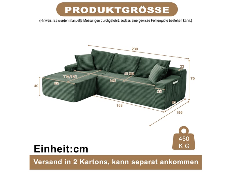  Canapé d’angle modulable gauche compressé 4 places en mousse et velours côtelé couleur vert, style moderne  - Conforama C