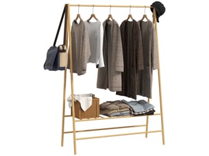 Portant à vêtements en bambou avec étagère à chaussures et crochets, autoportant, pour entrée, chambre, bois naturel