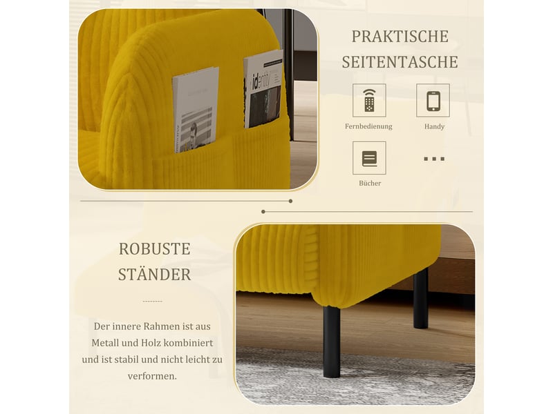 Canapé 2 places, canapé de salon – en velours côtelé, pieds métal, poches latérales - Conforama W