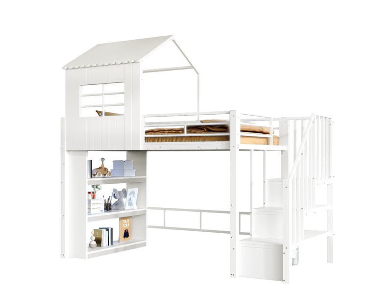  Lit mezzanine enfant, 90 x 200 cm, lit simple avec escalier aménagé, matelas non inclus, mdf et métal, coloris blanc  - Conforama A