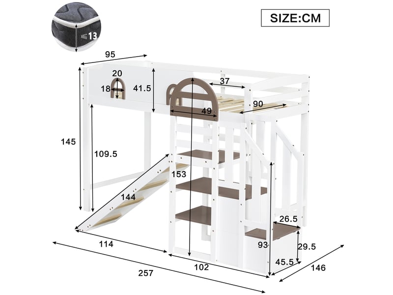  Lit superposé enfant avec toboggan, escalier de rangement, blanc et marron, 90 x 200 cm  - Conforama E