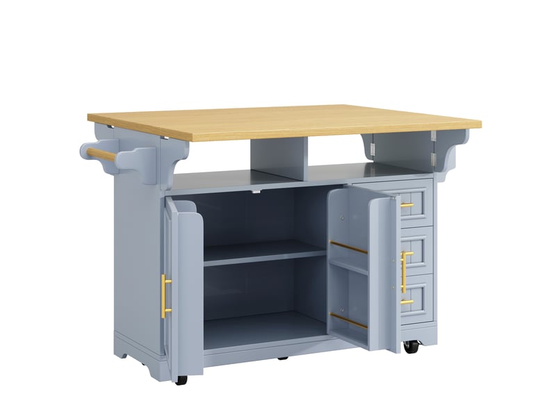 Îlot de cuisine à roulettes 120x4080x95 cm – bleu – plateaux rabattables, 3 tiroirs et rangements - Conforama D