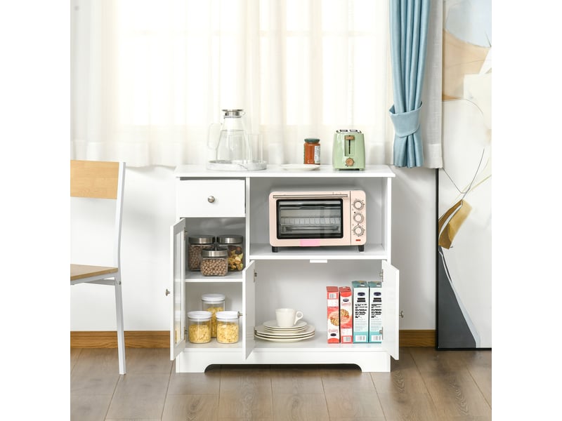  Meuble micro-ondes, buffet cuisine, armoire de rangement, pour cuisine, blanc, salle à manger 90 x 40 x 82 cm verre trempé et bois  - Conforama A