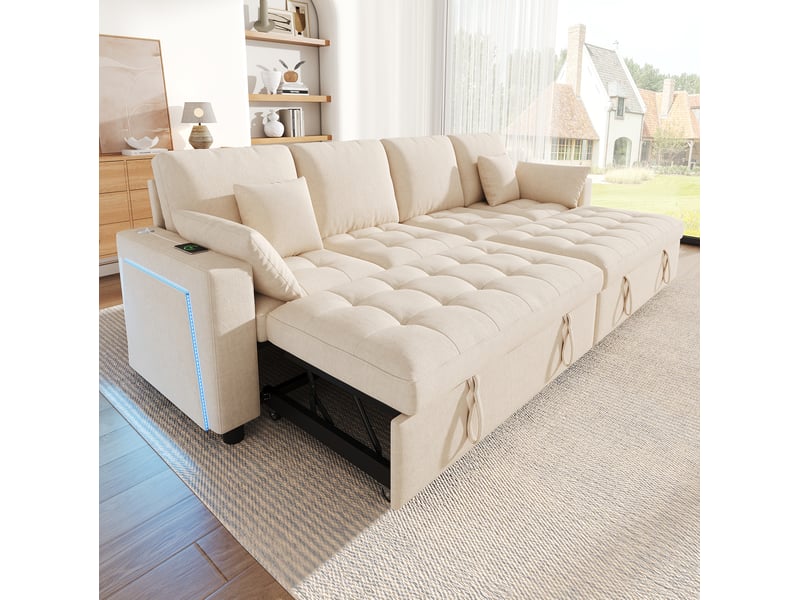  Canapé-lit 4 places 262.5x140x89 cm avec led et usb, dossier réglable, tissu couleur beige, design moderne  - Conforama B