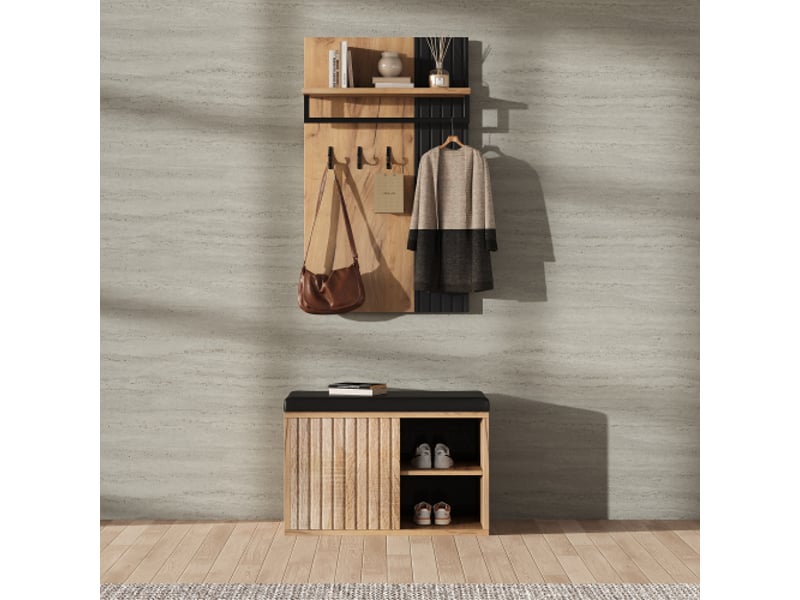  Meuble à chaussures 2 portes - armoire d'entrée noir et bois naturel, dos avec 3 crochets, 70x36x146 cm  - Conforama B