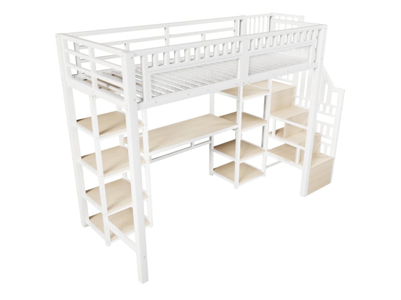  Lit mezzanine 90x200 cm métal blanc – bureau intégré, échelle avec rangement, bande led et usb, sans matelas  - Conforama A