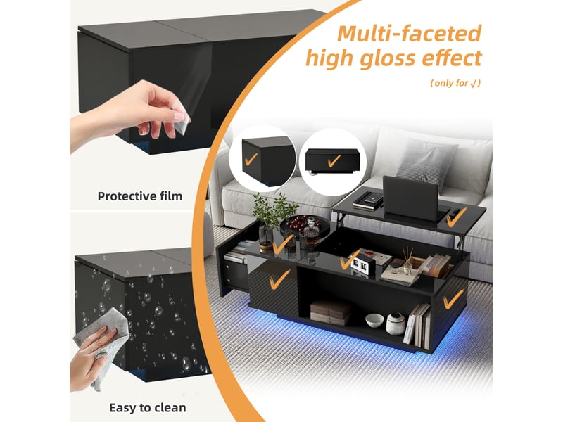  Table basse relevable avec 1 tiroir, niche ouverte, rangement dissimulé et led pour salon, 100 × 50 × 40 cm  - Conforama E