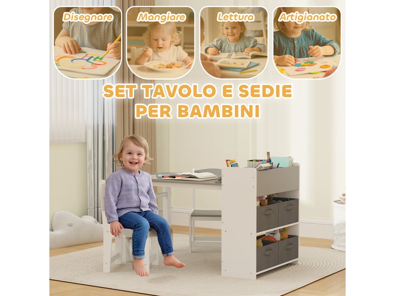  Ensemble table et chaises enfant gris et blanc avec rangement, rouleau papier, 102,5 x 58 x 64 cm  - Conforama R