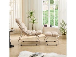 Chaise d'extérieur en acier et tissu avec repose-pieds et coussin beige