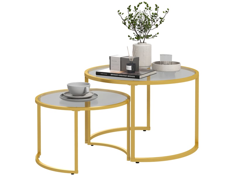 Lot de 2 tables basses gigognes rondes en verre trempé et acier au carbone pour salon gain de place T1003-01-08644 - Conforama B