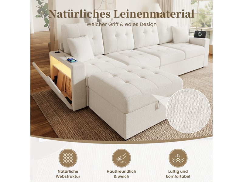 Canapé d'angle modulable 4 places beige avec pouf de rangement, ports usbtype-c et éclairage led, tissu lin respirant - Conforama D