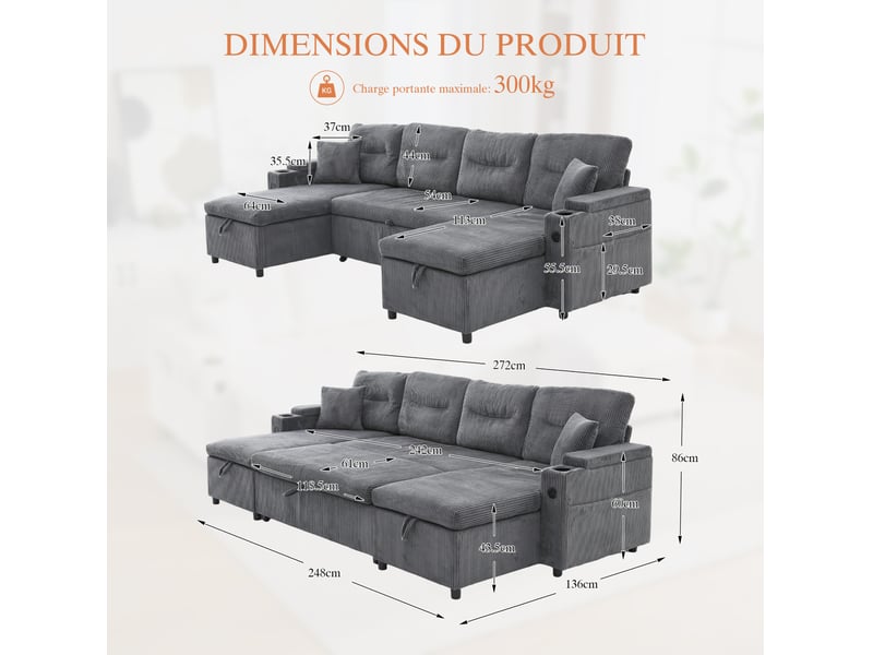Canapé scandinave 4 places 272x136x86 cm, 2 méridienne réversible, coffres, porte-gobelets, usb-c, velours côtelé gris - Conforama C