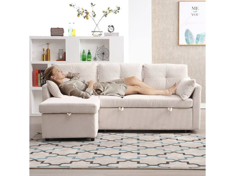 Canapé d'angle convertible 3 places,206x108x66cm,canapé-lit 3 places envelours côtelé avec lit gigogne,méridienne réversible rangement,beige - Conforama W