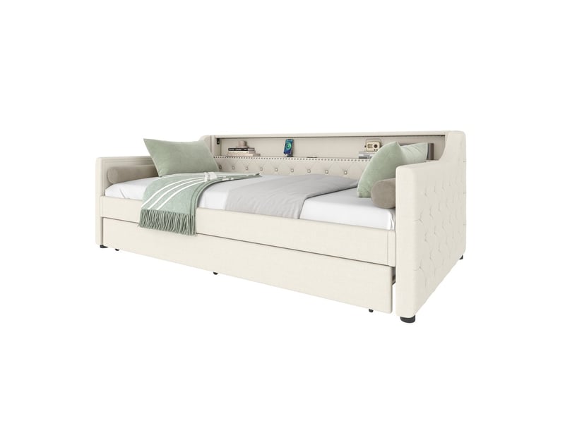 Lit banquette 90x200cm beige lin avec led usb tiroir gigogne sommier sans matelas - Conforama E