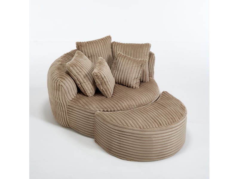  Fauteuil de relaxation tcqpz rond avec pouf et 5 coussins 168 x 123 x 63 cm chenille camel et marron  - Conforama E