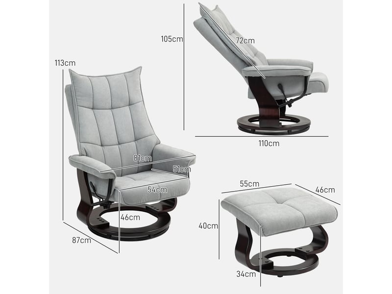  Fauteuil inclinable avec repose-pieds, pivotant, aspect velours, dossier réglable, jusqu'à 150 kg, gris  - Conforama E