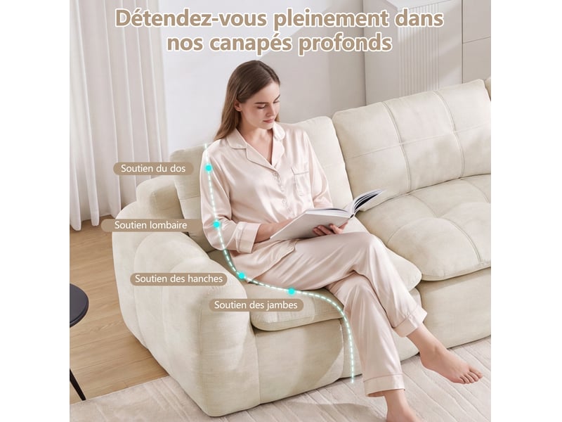  Canapé modulable en u 4 places avec 2 ottomans, en chenille beige  - Conforama E