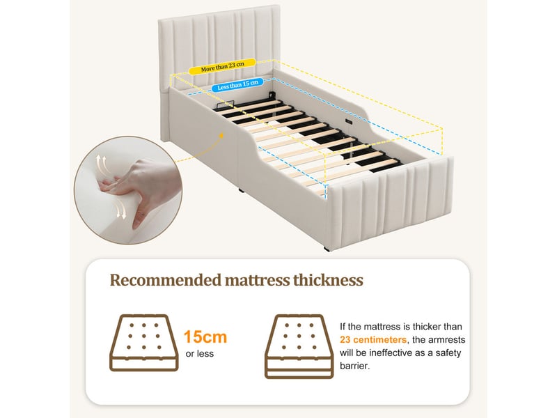 Lit enfant rembourré avec coffre de rangement - avec tête de lit capitonnée - sommier à lattes - lin - beige (sans matelas) - Conforama R