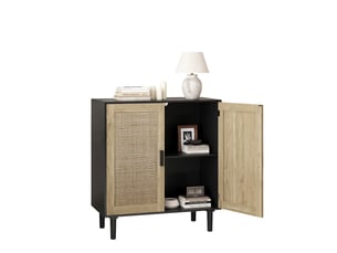 Buffet bas 80x40x88 cm noir, 2 portes en rotin, poignées bois massif, meuble de rangement salon entrée