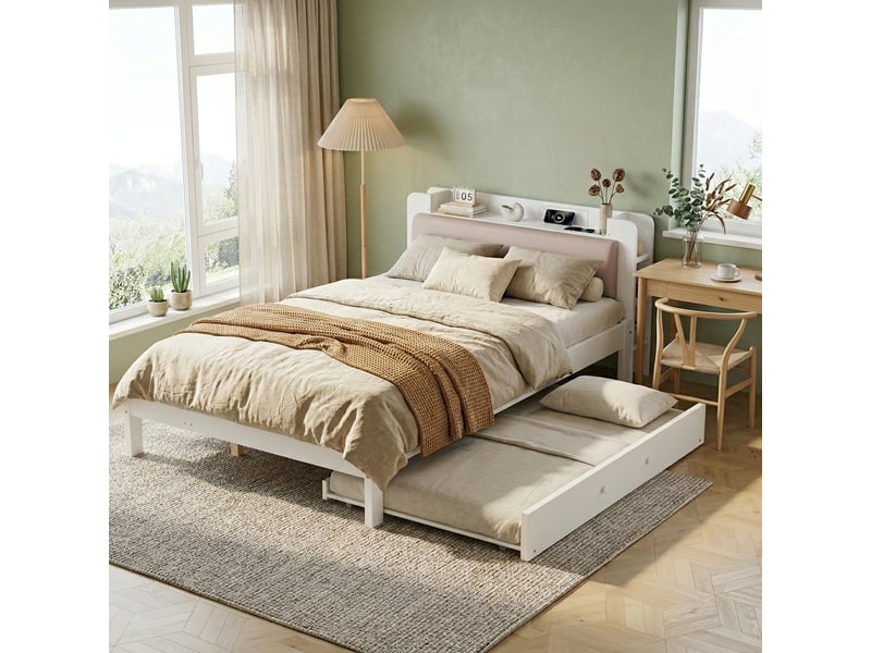  Lit gigogne 2 places 120×200 cm et 90×190 cm, étagères et station de charge - okmyhome- blanc, sans matelas  - Conforama C