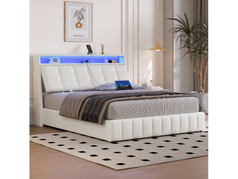 Lit plateforme 160x200 coffre rangement led multicolore usb tête réglable rembourré mdfpu blanc sans matelas  - Conforama B