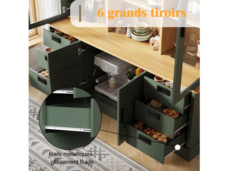  Buffet haut de cuisine avec vitrine 4 portes, 6 tiroirs et étagères réglables en mdf vert foncé 140 × 40 × 185 cm  - Conforama E