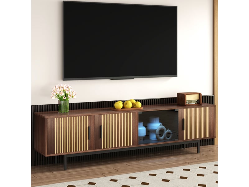  Meuble tv bas 200x35x53 cm led pilotable bluetooth, pilotage 16 appareils, portes verre, mdf particules, noir, noyer  - Conforama W