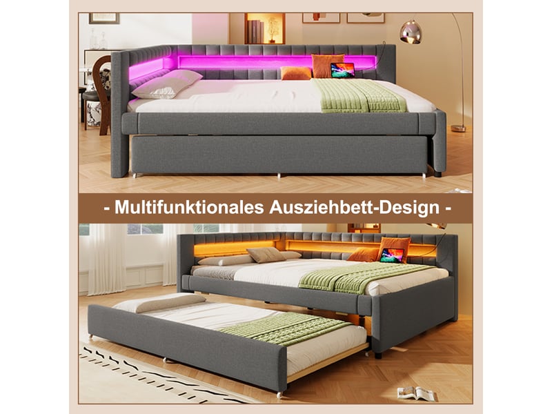  Lit banquette 140x200 en lin gris avec led - lit gigogne 90x190 et ports usbtype-c intégrés  - Conforama D