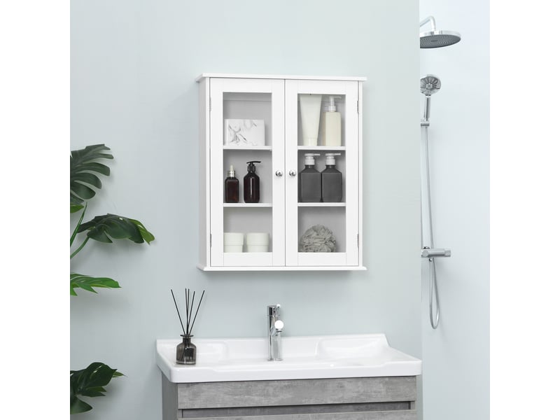  Armoire murale de salle de bain, meuble haut salle de bains avec 2 portes en verre, étagère réglable, 55x20x65cm, blanc  - Conforama D