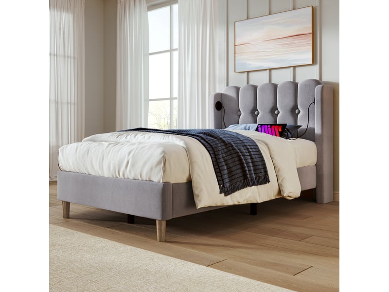  Lit enfant 90x200 cm – gris – ports usb et usb-c, sommier à lattes et matelas h3 inclus, tête de lit rembourrée  - Conforama B