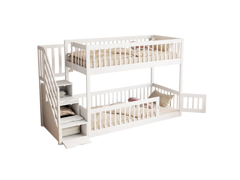 Lit superposé 90x200 cm avec escalier de sécurité et tiroirs, lit enfant avec rangement, lit 2 personnes en bois blanc - Conforama A