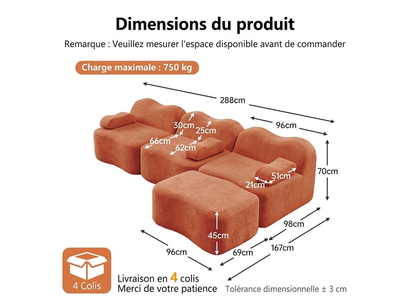  Canapé modulable 3 places en velours orange avec pouf - assise extra profonde - mousse haute densité 32d  - Conforama C