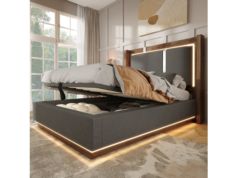  Lit simple 90x200 cm avec coffre et led en bois et lin, gris et noyer  - Conforama B