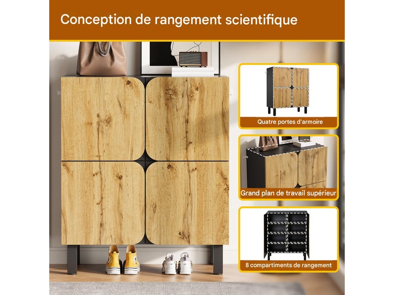  Meuble à chaussures 4 portes en mdf et métal noir et naturel 80x38,5x95 cm - pangivo  - Conforama D