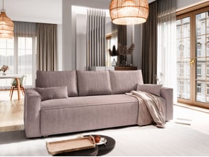 Canapé droit convertible <strong>MASSENO</strong> <strong></strong> 3 places Velours côtelé violet avec coffre de rangement