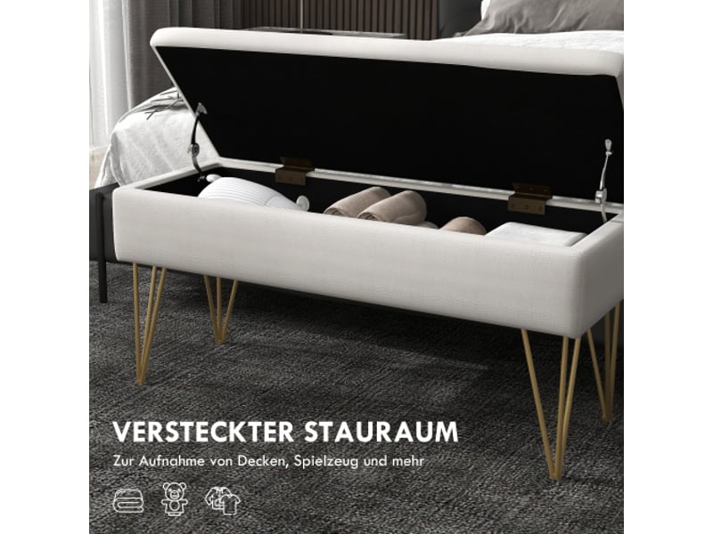  Banc coffre crème 100x40x49 cm, rembourré, aspect lin, pieds en acier, salon et chambre  - Conforama D