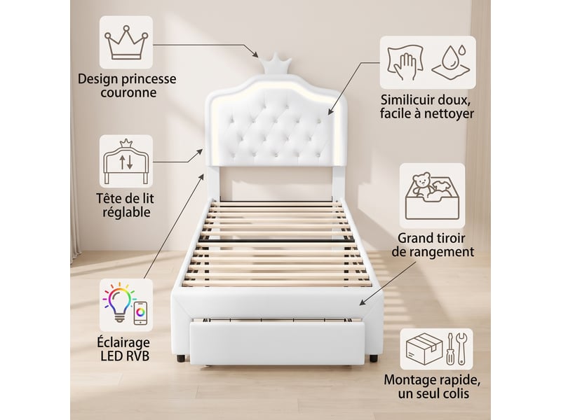  Lit enfant 90x200, lit simple princesse avec tiroir de rangement, tête de lit lumineuse led, capitonnage cristaux et sommier, blanc  - Conforama C