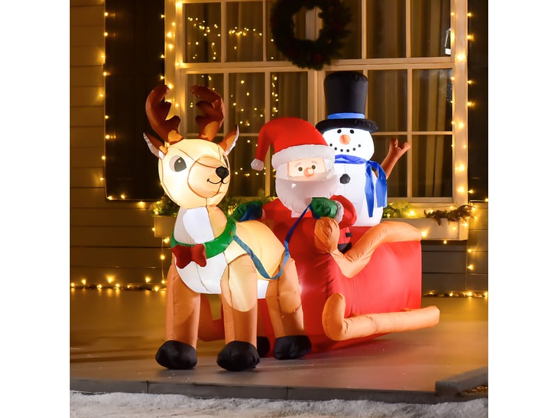  Père noël gonflable avec traîneau et rennes 200 cm 5 lumières led décoration de noël intérieure et extérieure rouge  - Conforama C